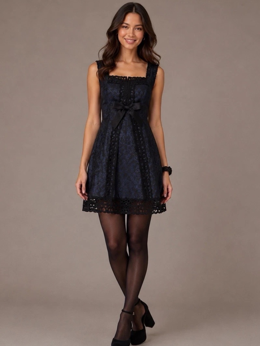 Anna Sui Black & Purple Jacquard Bow Accent Dress | Size 7